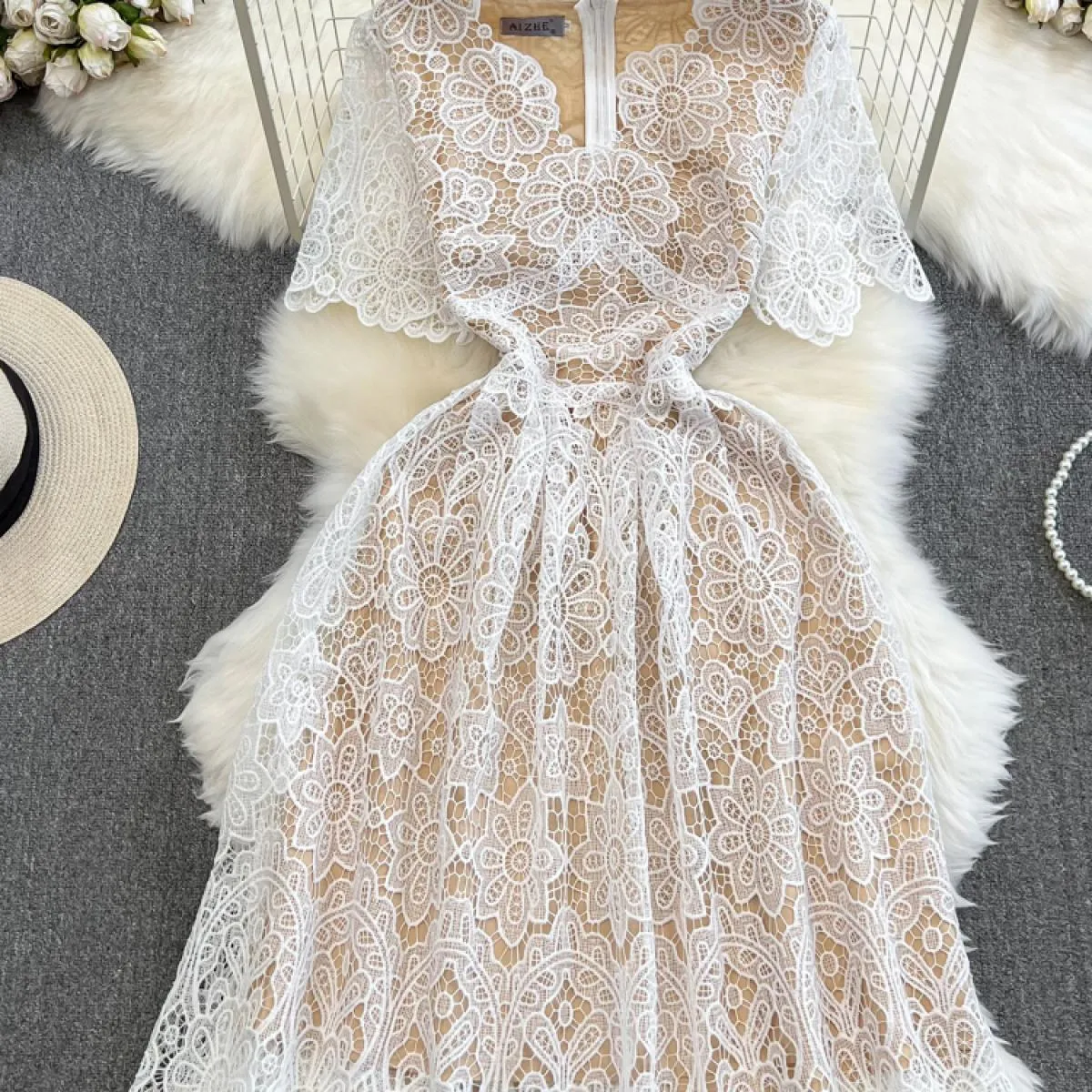 Abito da festa estivo in pizzo cavo nero / bianco con gancio Elegante scollo a V manica corta A Line Party abiti al ginocchio Fe