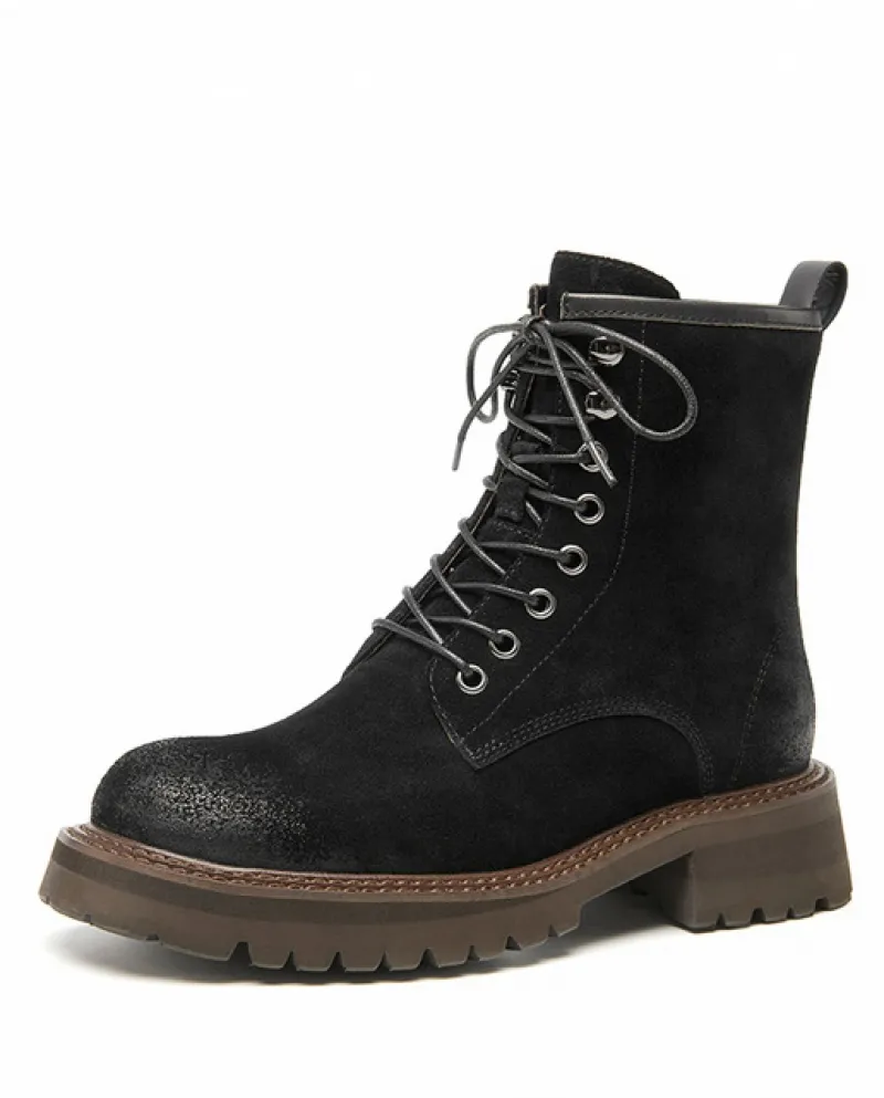 Beautoday Stivaletti Donna Pelle Scamosciata Mucca Occhielli in Metallo Cerniera Obliqua Doppia Contorno Cucito Scarpe da Donna