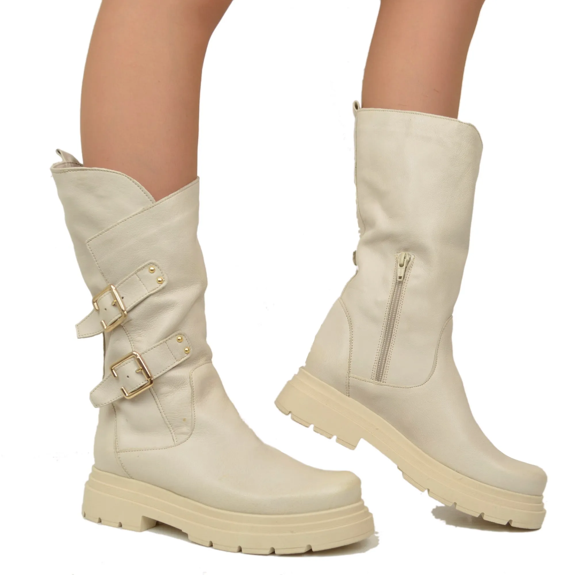 Stivali Donna Biker Beige con Fibbie e Zip Laterale Made in Italy