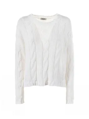 White crew-neck sweater with braid motif